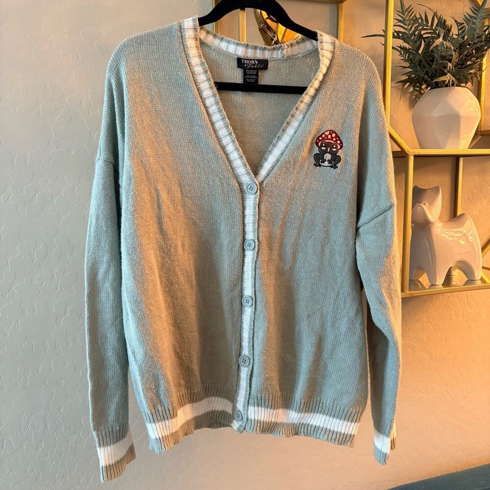 thorn & fable Light Green Cardigan sweater Mushroom Frog Patch size large L
